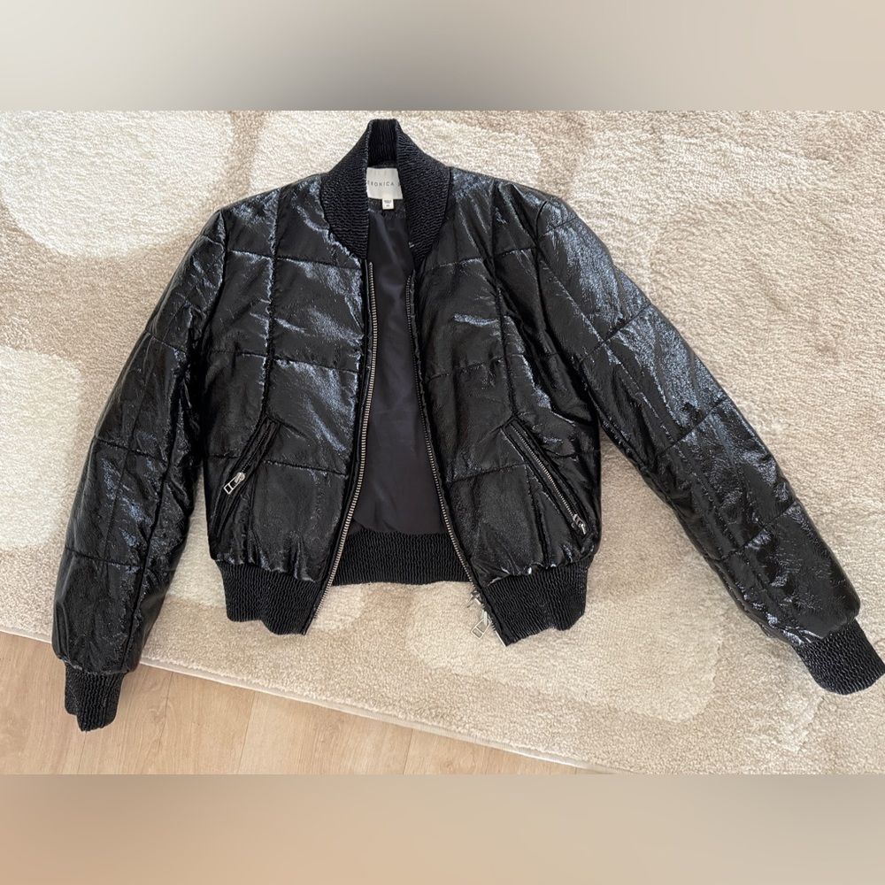 Veronica Beard Glossy Black Quilted Bomber Puffer Jacket